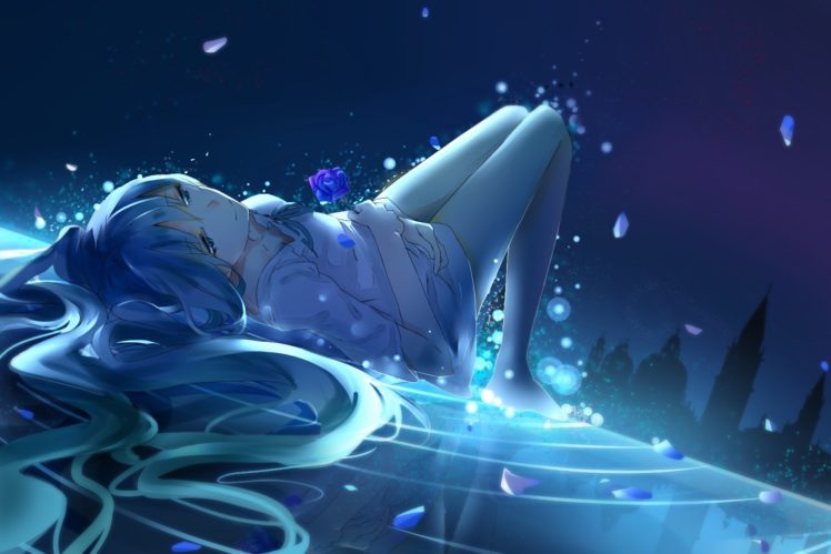 blue, Eyes, Blue, Hair, City, Flowers, Hatsune, Miku, Long, Hair, Night, Petals, Plipa, Rose, Vocaloid HD Wallpaper Desktop Background