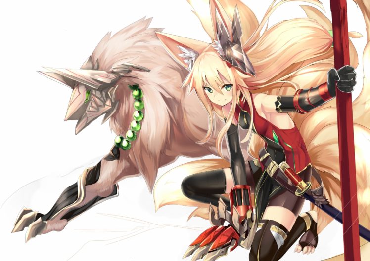 animal, Ears, Blonde, Hair, Elbow, Gloves, Foxgirl, Green, Eyes, Haik, Long, Hair, Mask, Multiple, Tails, Necklace, Original, Skintight, Sword, Tail, Thighhighs, Weapon HD Wallpaper Desktop Background