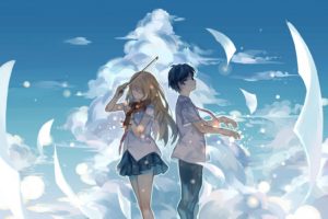 art violin, Anime, Sky, Couple, Notes, Music