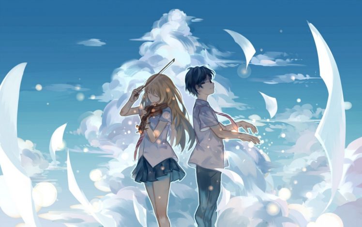 art violin, Anime, Sky, Couple, Notes, Music HD Wallpaper Desktop Background