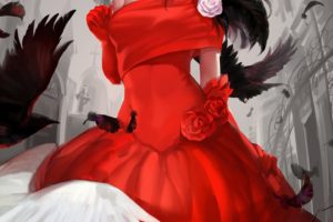 anime, Girl, Bird, Red, Dress, Rose