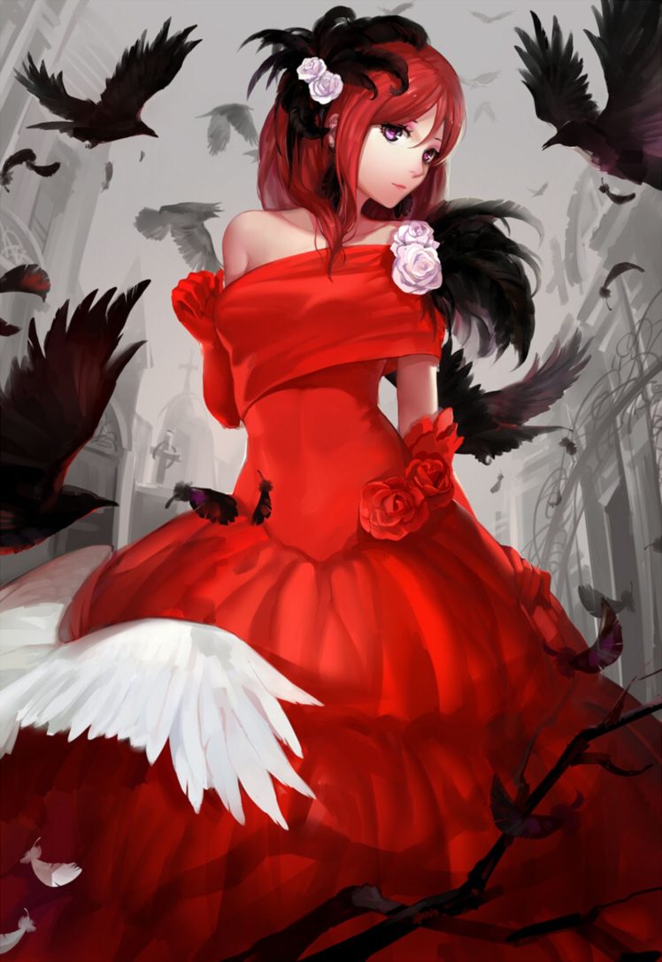 anime, Girl, Bird, Red, Dress, Rose HD Wallpaper Desktop Background
