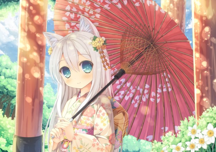 animal, Ears, Blue, Eyes, Foxgirl, Gray, Hair, Japanese, Clothes, Kimono, Long, Hair, Original, Taiki, Ken, Umbrella HD Wallpaper Desktop Background