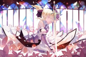 armor, Blonde, Hair, Fate, Stay, Night, Flowers, Joseph, Lee, Long, Hair, Petals, Ponytail, Ribbons, Saber, Lily, Sword, Weapon