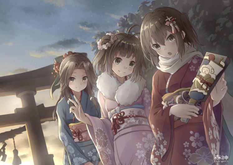 brown, Eyes, Brown, Hair, Clouds, D style, Wed, Japanese, Clothes, Kantai, Collection, Kimono, Naka,  kancolle , Scarf, Sendai,  kancolle , Torii, Twintails HD Wallpaper Desktop Background