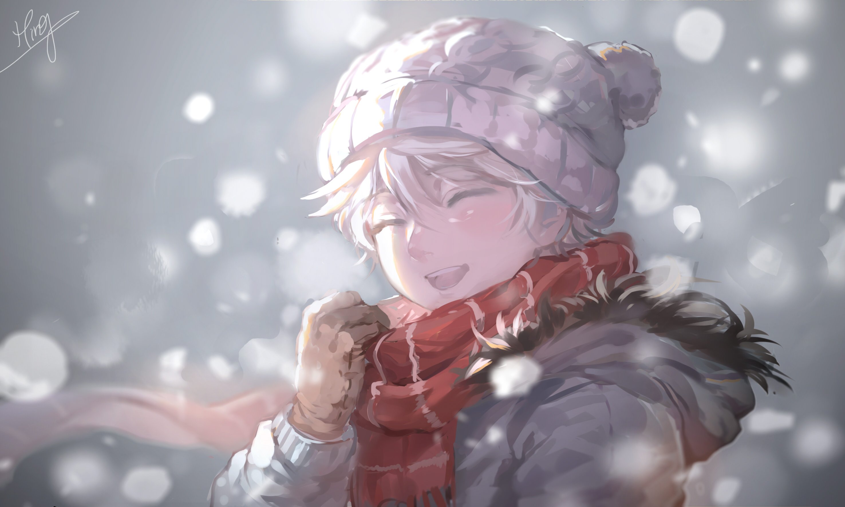 gloves, Hat, Male, Scarf, Short, Hair, Slaine, Troyard, Snow, White, Hair, Winter Wallpaper