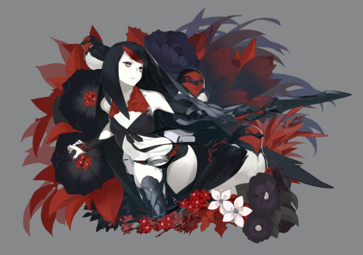 animal, Bird, Black, Hair, Flowers, Gray, Long, Hair, Original, Red, Eyes, Rose, Weapon HD Wallpaper Desktop Background