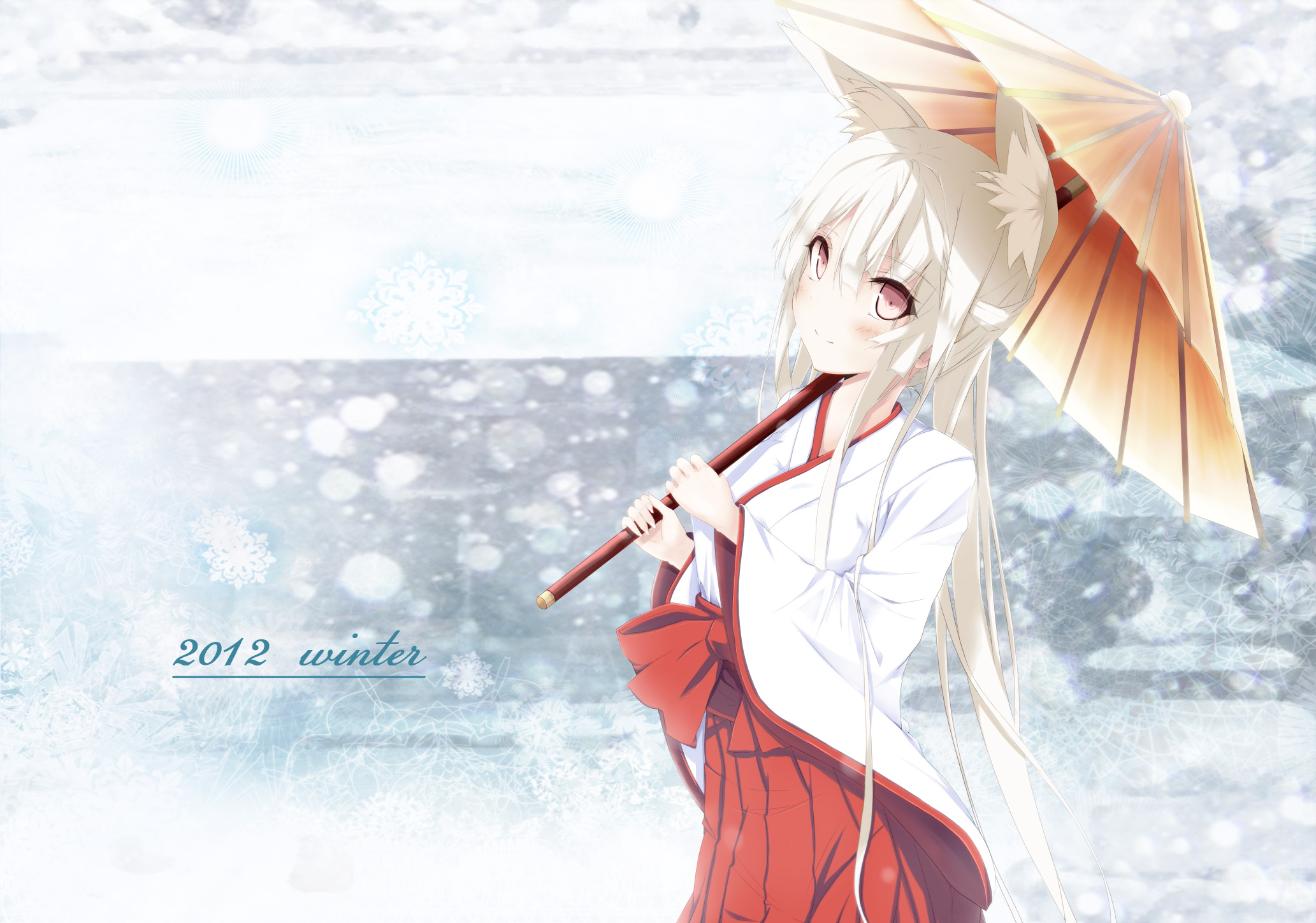 animal, Ears, Blush, Braids, Doggirl, Japanese, Clothes, Miko, Ntem, Original, Pink, Eyes, Snow, Umbrella, White, Hair, Winter Wallpaper