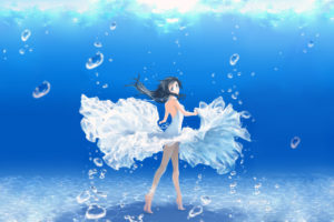 barefoot, Black, Hair, Blue, Eyes, Bubbles, Daikichi, Maru, Long, Hair, Original, Summer, Dress, Underwater
