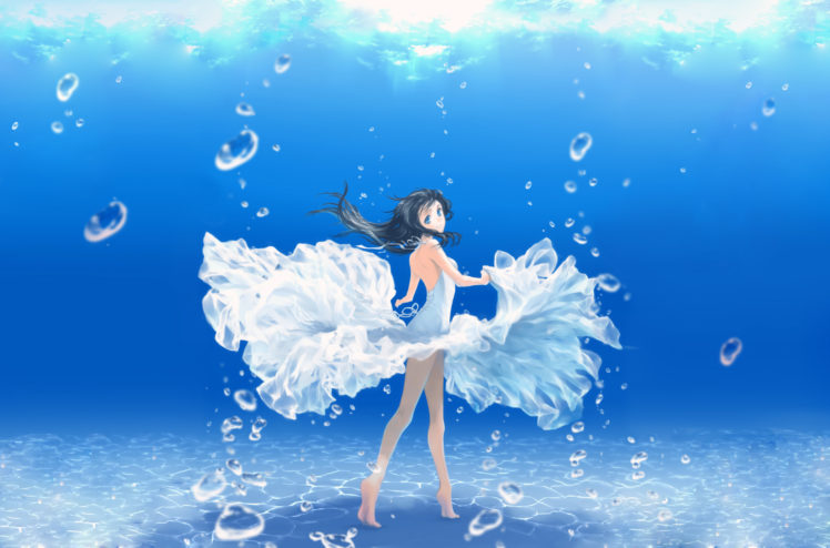 barefoot, Black, Hair, Blue, Eyes, Bubbles, Daikichi, Maru, Long, Hair, Original, Summer, Dress, Underwater HD Wallpaper Desktop Background