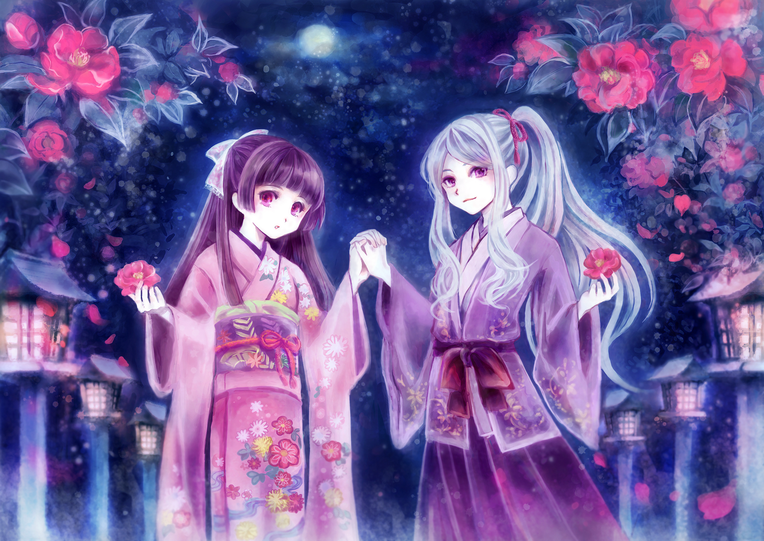 girls, Flowers, Gray, Hair, Japanese, Clothes, Kimono, Original