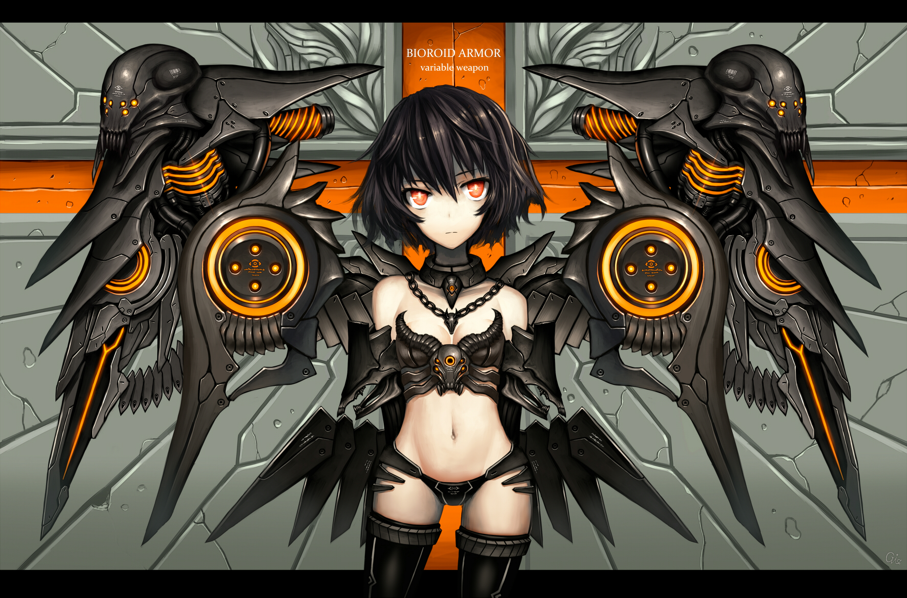 black, Hair, Gia, Horns, Original, Red, Eyes, Short, Hair, Thighhighs Wallpaper