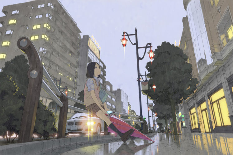 car, City, Original, Phone, Rain, Scenic, Shiwasu, Takashi, Skirt, Umbrella, Wet HD Wallpaper Desktop Background