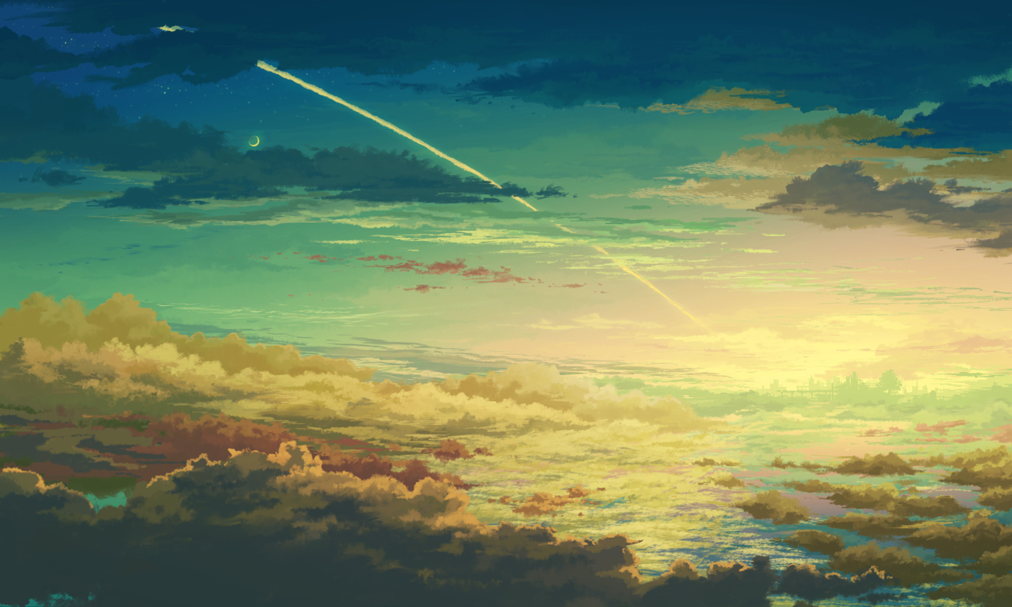 city, Clouds, Juuyonkou, Moon, Original, Scenic, Sky Wallpaper