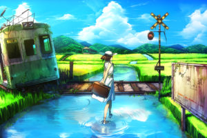 brown, Hair, Clouds, Dress, Grass, Hat, Original, Rby, Ruins, Scenic, Sky, Train, Water