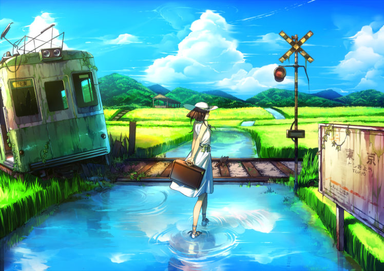 brown, Hair, Clouds, Dress, Grass, Hat, Original, Rby, Ruins, Scenic, Sky, Train, Water HD Wallpaper Desktop Background