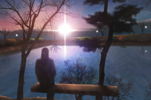 brown, Hair, Hono, Mochizuki, Landscape, Original, Scenic, Sky, Stars, Sunset, Tree, Water