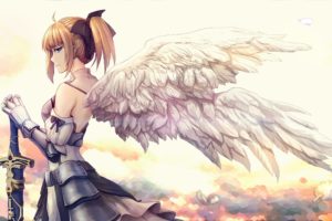 aoiakamaou, Armor, Blonde, Hair, Blue, Eyes, Dress, Fate, Unlimited, Codes, Feathers, Ponytail, Saber, Saber, Lily, Sword, Weapon, Wings