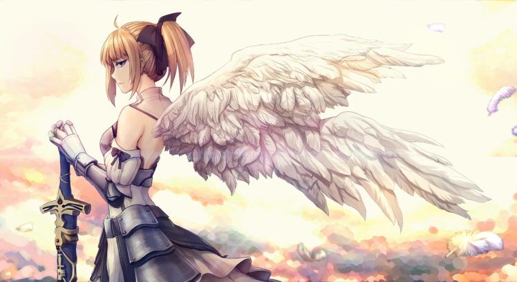 aoiakamaou, Armor, Blonde, Hair, Blue, Eyes, Dress, Fate, Unlimited, Codes, Feathers, Ponytail, Saber, Saber, Lily, Sword, Weapon, Wings HD Wallpaper Desktop Background