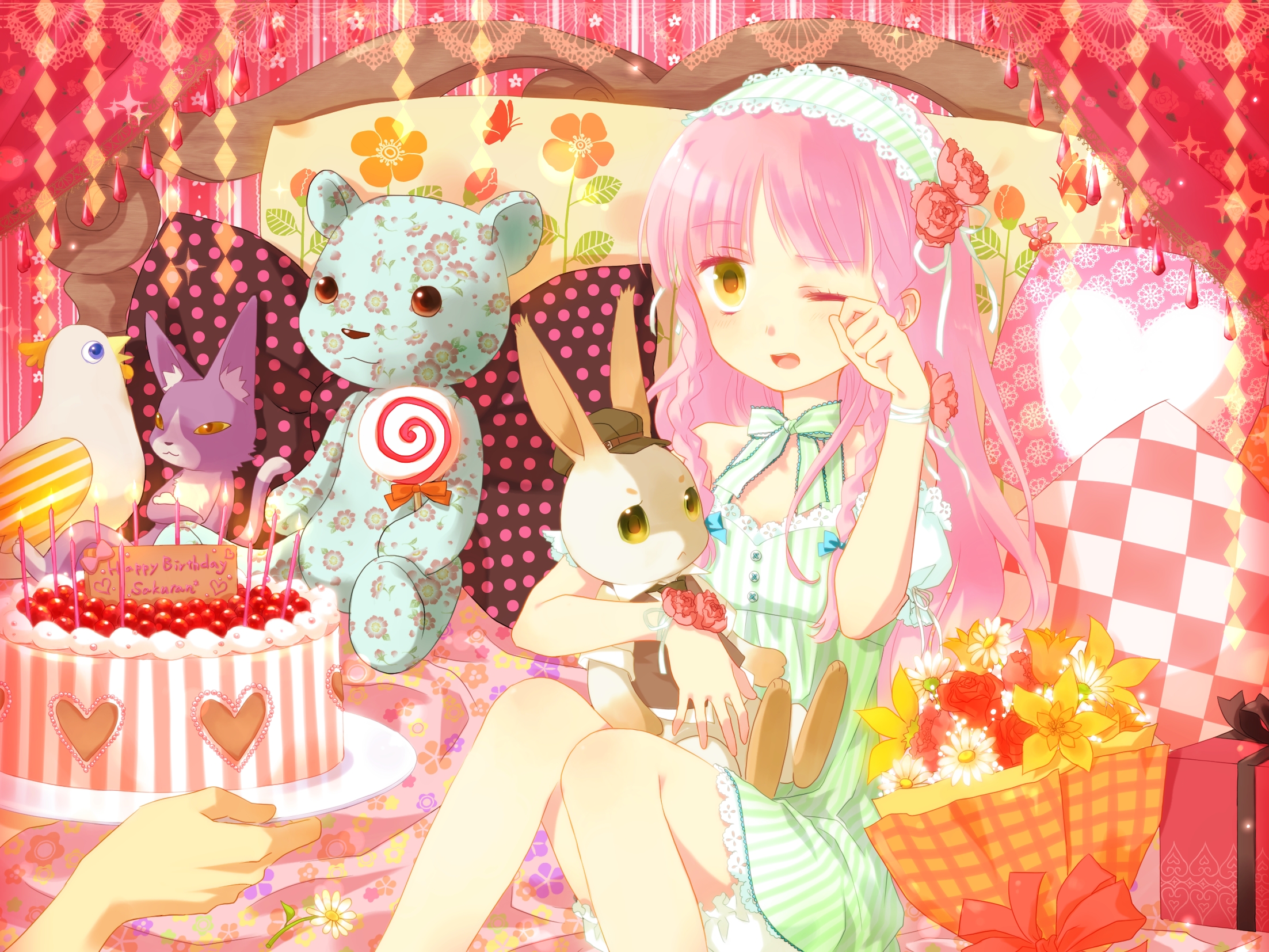animal, Bed, Bird, Candy, Flowers, Lollipop, Okitune sama, Original, Pink, Hair, Rabbit, Teddy, Bear, Birthday Wallpaper