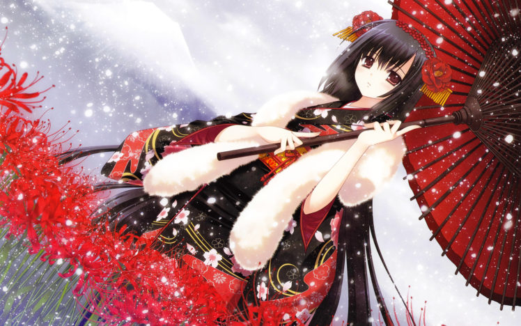 black, Hair, Blush, Brown, Eyes, Flowers, Japanese, Clothes, Kimono, Long, Hair, Nishimata, Aoi, Original, Scarf, Snow, Umbrella HD Wallpaper Desktop Background