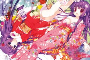 blush, Cleavage, Flowers, Ichiri, Japanese, Clothes, Kimono, Leaves, Long, Hair, Original, Purple, Hair