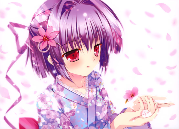 close, Flowers, Japanese, Clothes, Mikeou, Original, Petals, Pink, Chuchu, Purple, Hair, Red, Eyes HD Wallpaper Desktop Background