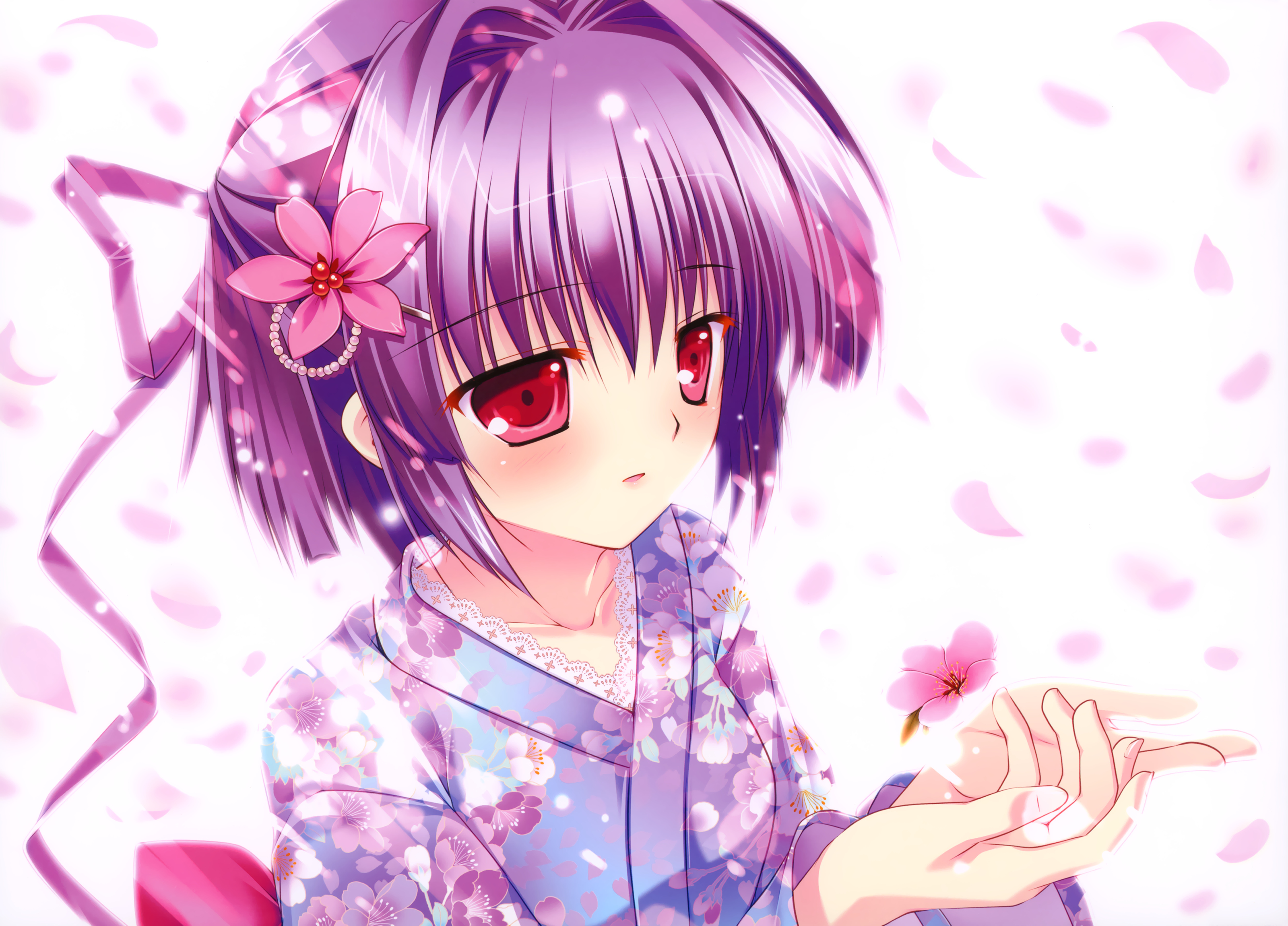 close, Flowers, Japanese, Clothes, Mikeou, Original, Petals, Pink, Chuchu, Purple, Hair, Red, Eyes Wallpaper
