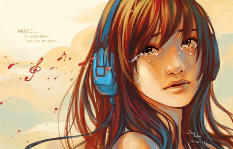 music, Girl, Headphone, Tears, Long, Hair, Face HD Wallpaper Desktop Background