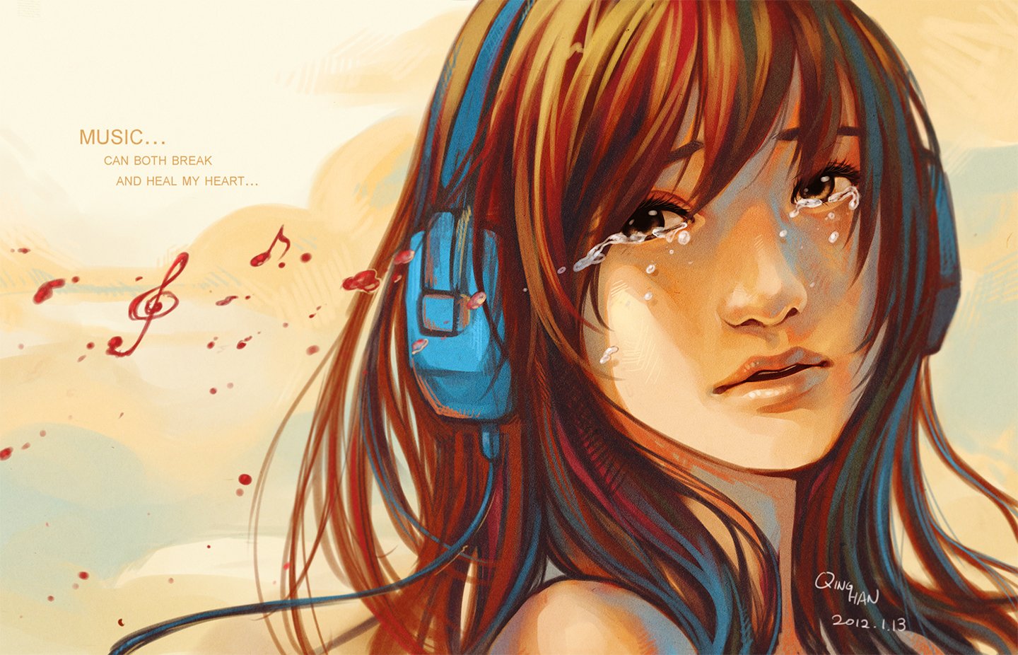 music, Girl, Headphone, Tears, Long, Hair, Face Wallpaper