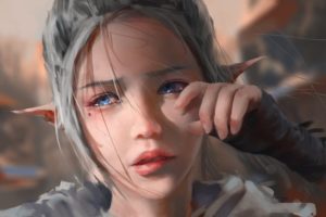 blue, Eyes, Close, Crying, Ghostblade, Gloves, Gray, Hair, Original, Pointed, Ears, Realistic, Tears, Wlop