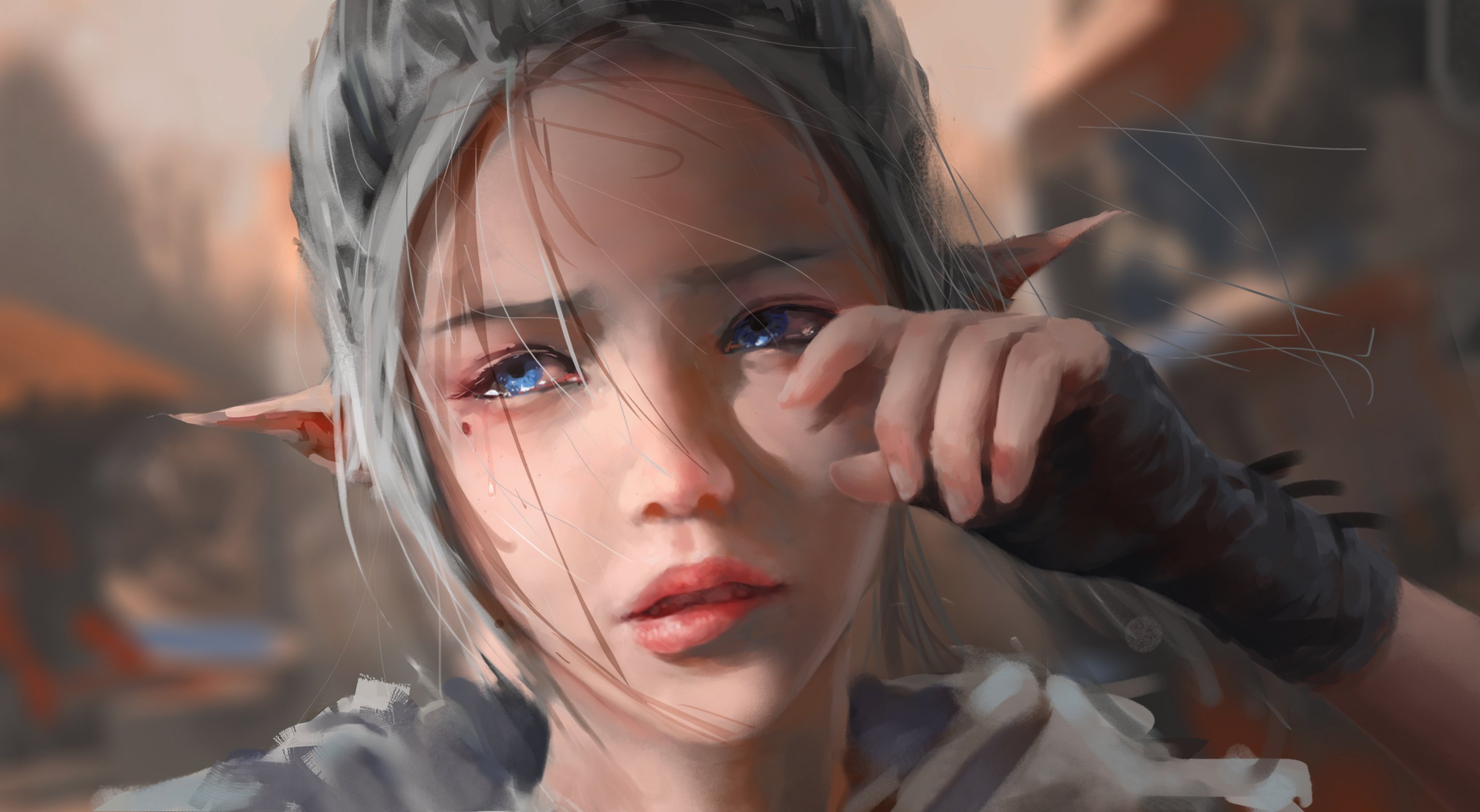 blue, Eyes, Close, Crying, Ghostblade, Gloves, Gray, Hair, Original, Pointed, Ears, Realistic, Tears, Wlop Wallpaper