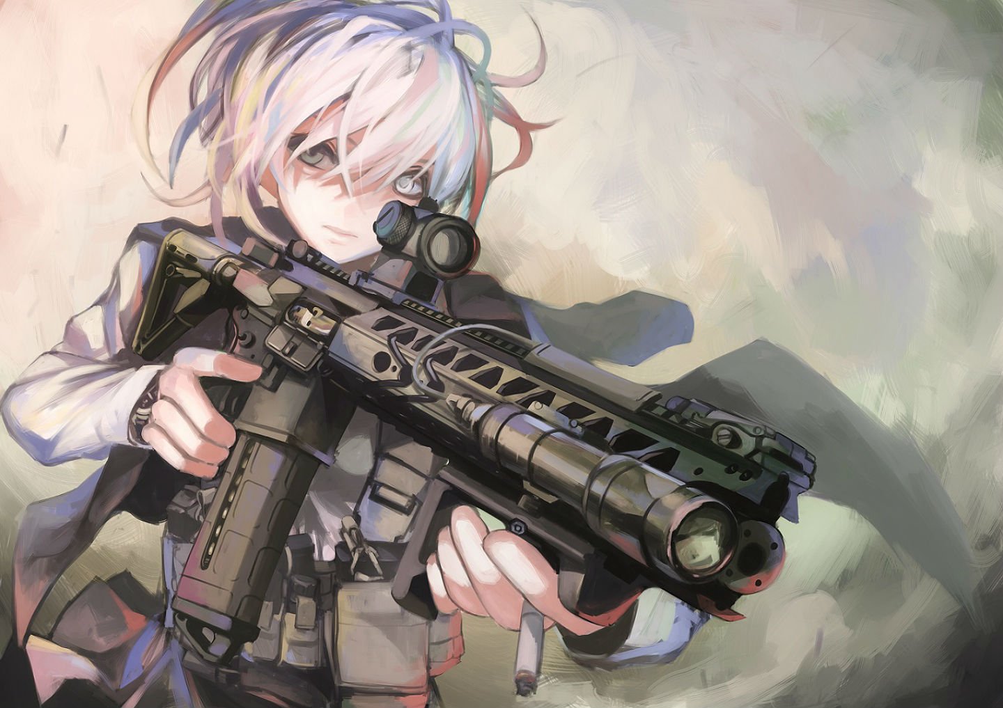 cigarette, Gray, Eyes, Gun, Original, Terabyte,  rook777 , Weapon, White, Hair Wallpaper