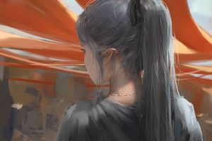 female, Ghostblade, Gray, Hair, Jpeg, Artifacts, Long, Hair, Necklace, Original, Pointed, Ears, Ponytail, Wlop