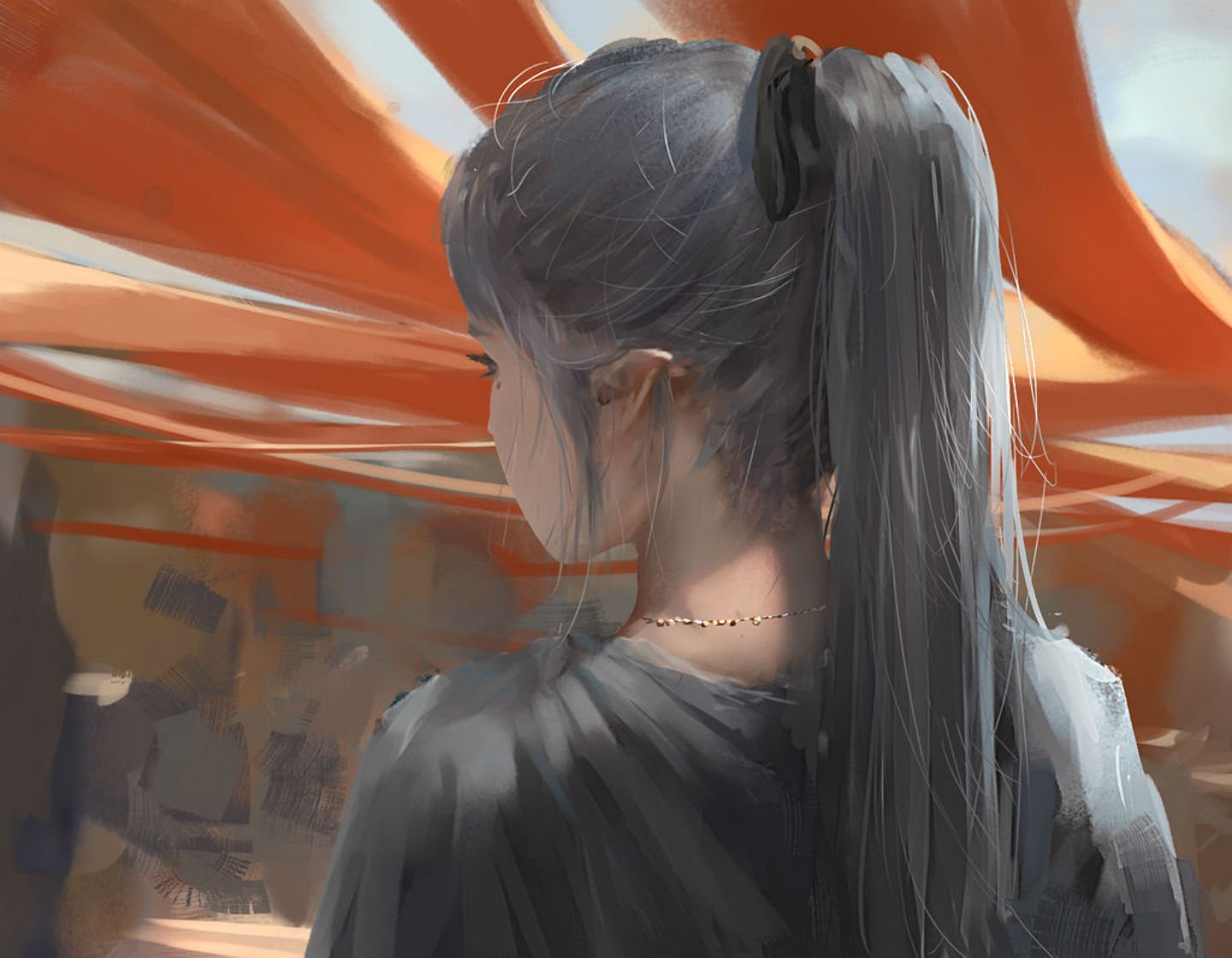 female, Ghostblade, Gray, Hair, Jpeg, Artifacts, Long, Hair, Necklace, Original, Pointed, Ears, Ponytail, Wlop Wallpaper