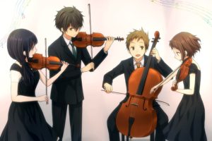 anime, Group, Violin, Black, Dress, White, Background, Music, Musical, Instruments, Series, Hyouka