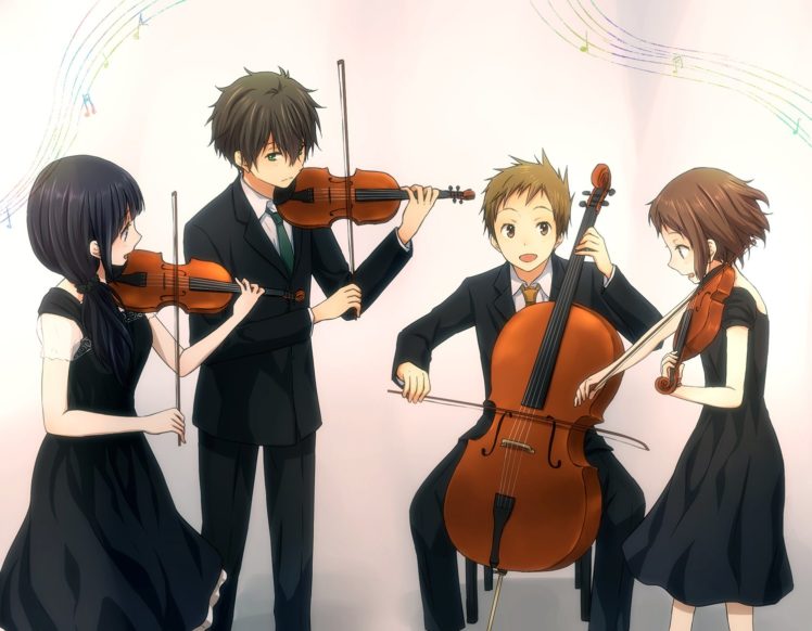 anime, Group, Violin, Black, Dress, White, Background, Music, Musical, Instruments, Series, Hyouka HD Wallpaper Desktop Background