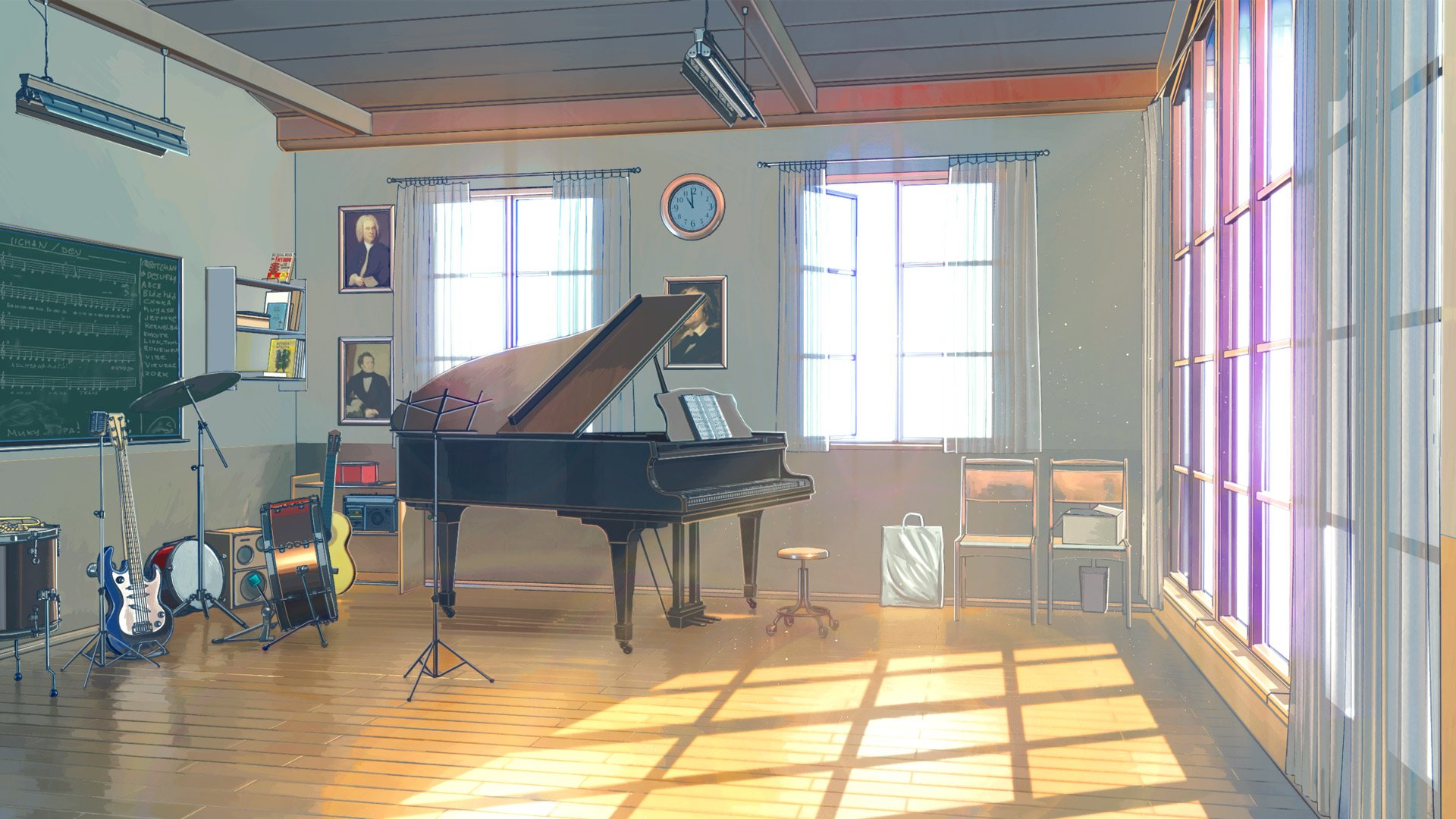 musical, Instruments, Piano, Sunlight, Music, Guitar, Anime, Drums, Window Wallpaper