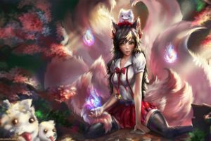 animal, Animal, Ears, Bell, Brown, Hair, Cherry, Blossoms, Fox, Foxgirl, Indiron, League, Of, Legends, Magic, Multiple, Tails, Skirt, Tail, Thighhighs, Yellow, Eyes