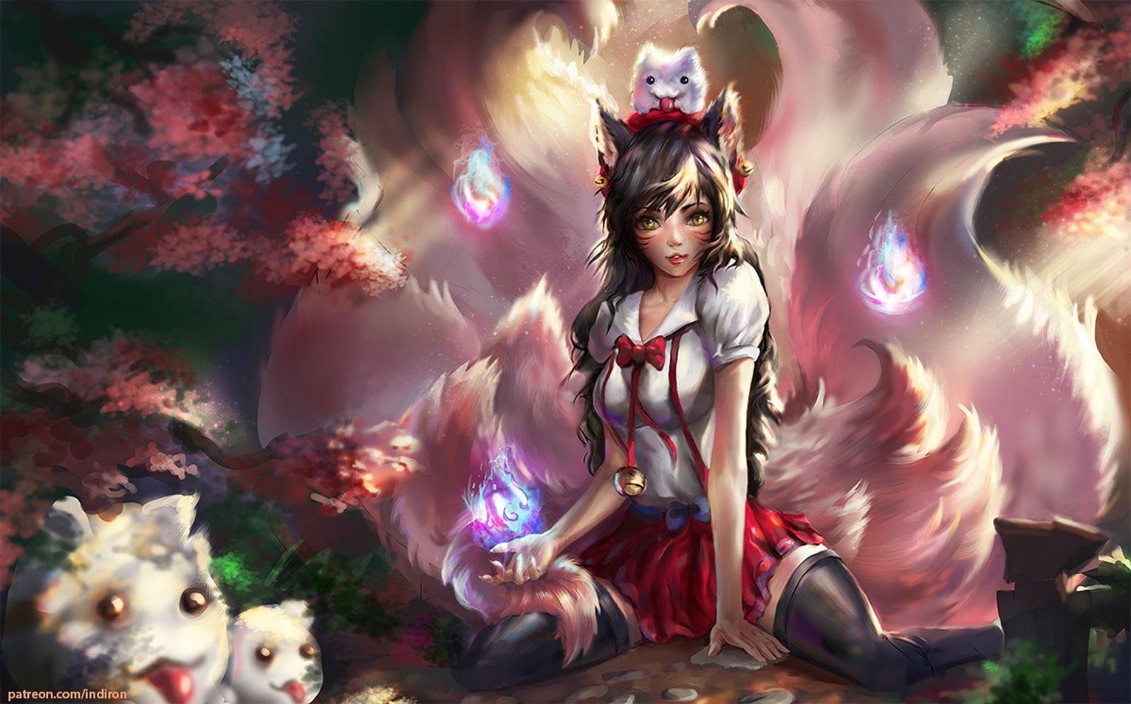 animal, Animal, Ears, Bell, Brown, Hair, Cherry, Blossoms, Fox, Foxgirl, Indiron, League, Of, Legends, Magic, Multiple, Tails, Skirt, Tail, Thighhighs, Yellow, Eyes Wallpaper