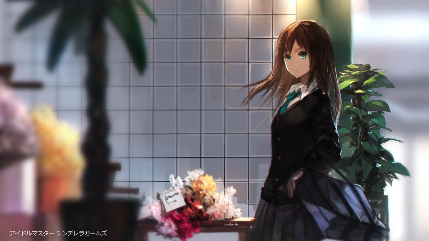 Brown Hair Flowers Green Eyes Idolmaster Idolmaster Cinderella Girls Leaves Long Hair 