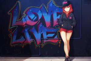 graffiti, Hat, Love, Live , School, Idol, Project, Nishikino, Maki, Purple, Eyes, Red, Hair, Shorts, Soul4444