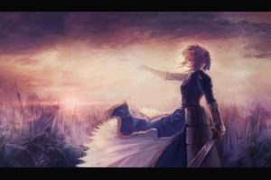 armor, Blonde, Hair, Blood, Clouds, Dress, Fate, Stay, Night, Heiyuen, Saber, Short, Hair, Signed, Sky, Sunset, Sword, Weapon