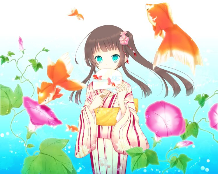 animal, Aqua, Eyes, Brown, Hair, Fish, Flowers, Goma,  11zihisin , Japanese, Clothes, Kimono, Original, Water HD Wallpaper Desktop Background