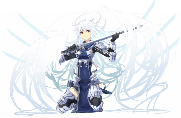 armor, Gloves, Long, Hair, Orange, Eyes, Original, Shiroganeusagi, Sword, Weapon, White, Hair, Wings HD Wallpaper Desktop Background