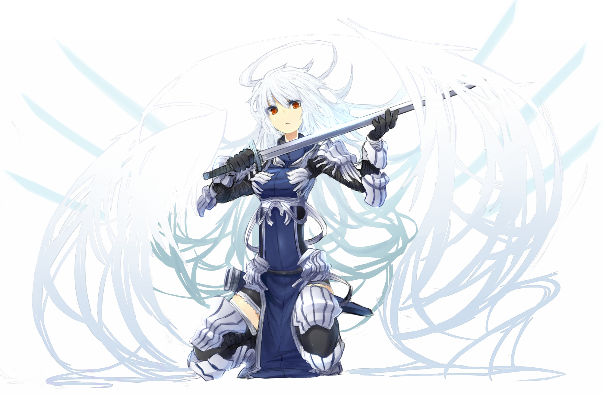 armor, Gloves, Long, Hair, Orange, Eyes, Original, Shiroganeusagi, Sword, Weapon, White, Hair, Wings Wallpaper