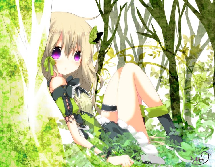 blonde, Hair, Butterfly, Dress, Forest, Green, Nana, Kusun, Original, Purple, Eyes, Tree HD Wallpaper Desktop Background