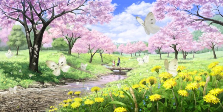 girls, Butterfly, Cherry, Blossoms, Clouds, Flowers, Grass, Hat, Imaoka, Landscape, Original, Scenic, Tree, Water HD Wallpaper Desktop Background