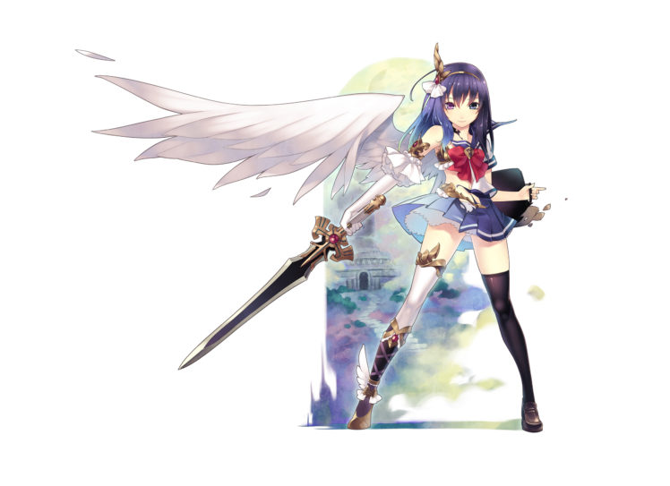 angel, Bicolored, Eyes, Blue, Hair, Hirano, Katsuyuki, Long, Hair, Original, Seifuku, Skirt, Stockings, Sword, Tagme, Thighhighs, Weapon, White, Wings HD Wallpaper Desktop Background