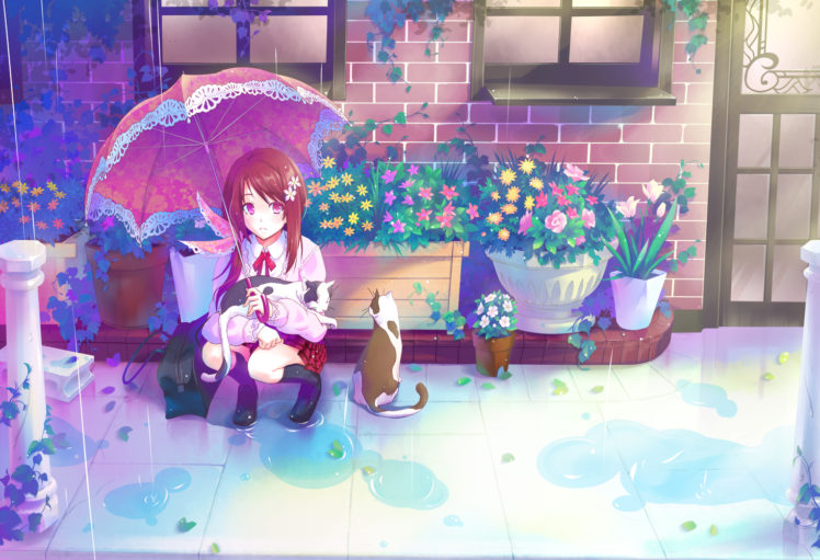 animal, Brown, Hair, Cat, Flowers, Kneehighs, Original, Purple, Eyes, Rain, Seifuku, Umbrella, Urabi,  tomatohouse HD Wallpaper Desktop Background